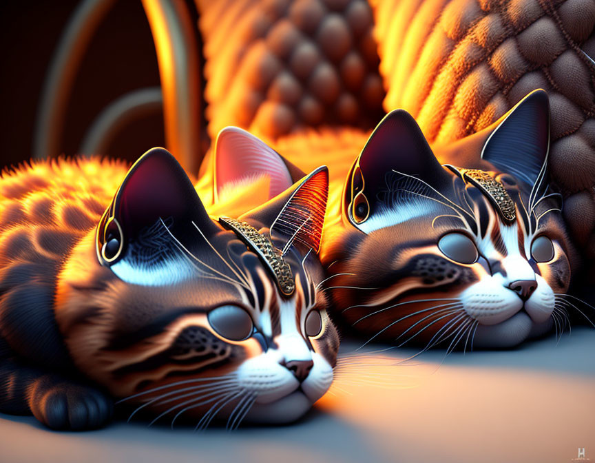 Detailed Stylized Digital Art Cats with Gold Adornments