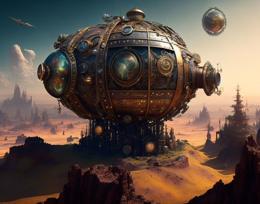 Steampunk-style spherical airship over desert landscape with intricate towers