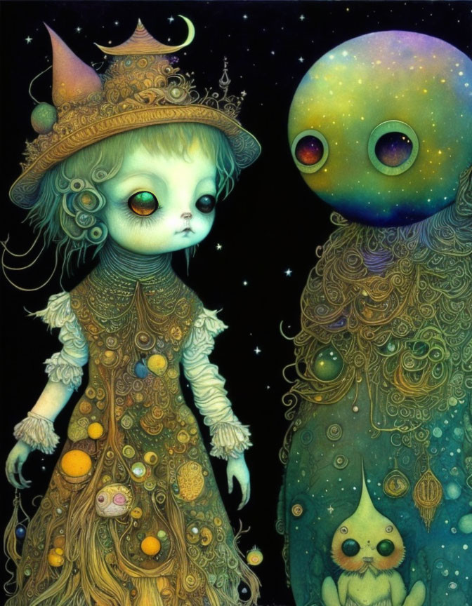 Fantastical painting featuring a girl with greenish skin and big yellow eyes standing next to a large