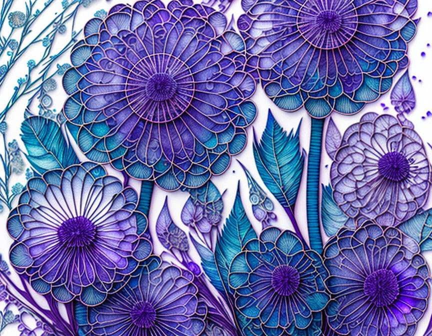 Detailed Purple and Blue Floral Line Art Pattern on Textured Background