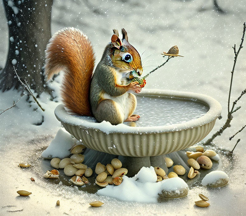 Squirrel eating nut on snow-covered bird bath with flying bird