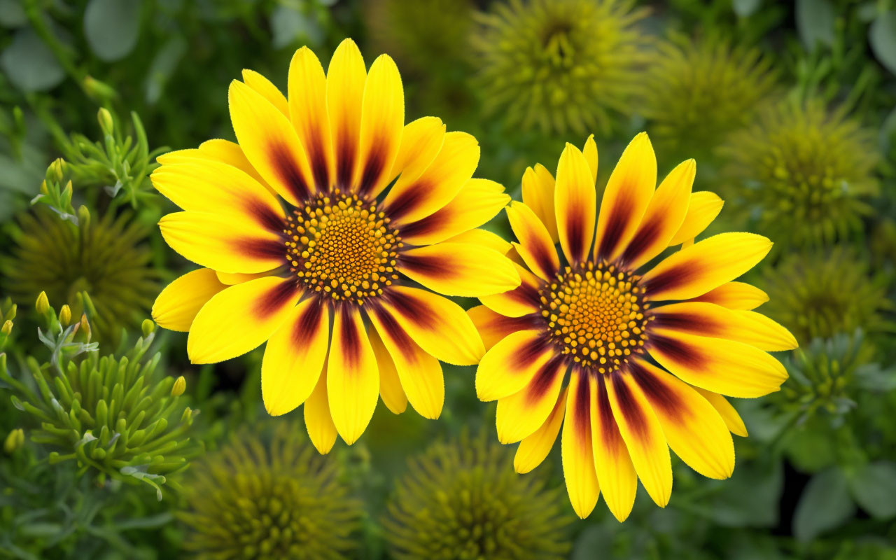 Vibrant yellow and orange gazania flowers in full bloom with green foliage