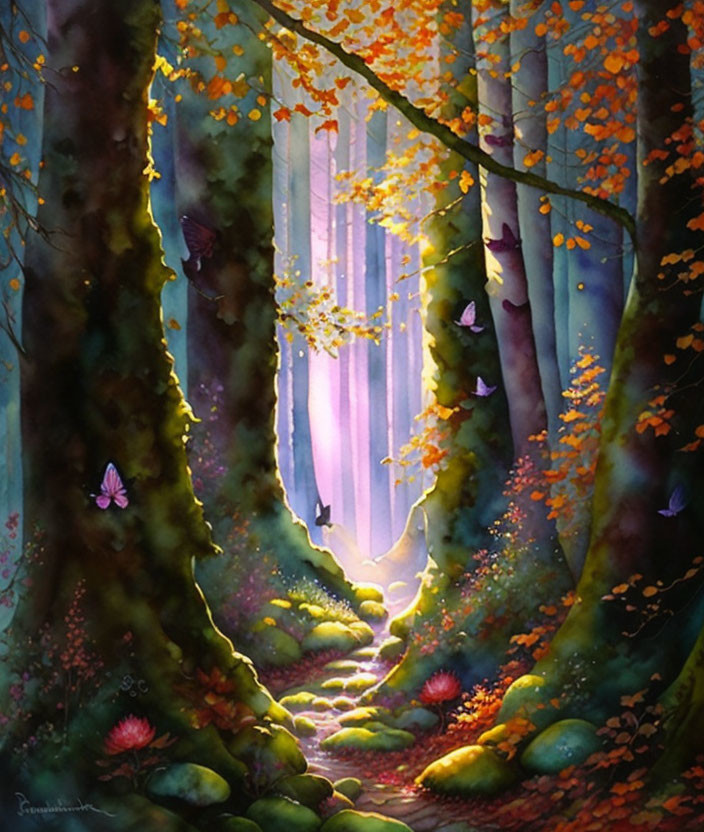 Serene forest path with sunlight, colorful leaves, and butterflies