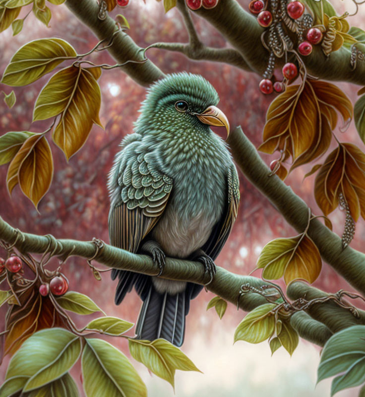 Detailed illustration of plump green bird on branch with red berries & leaves in natural setting