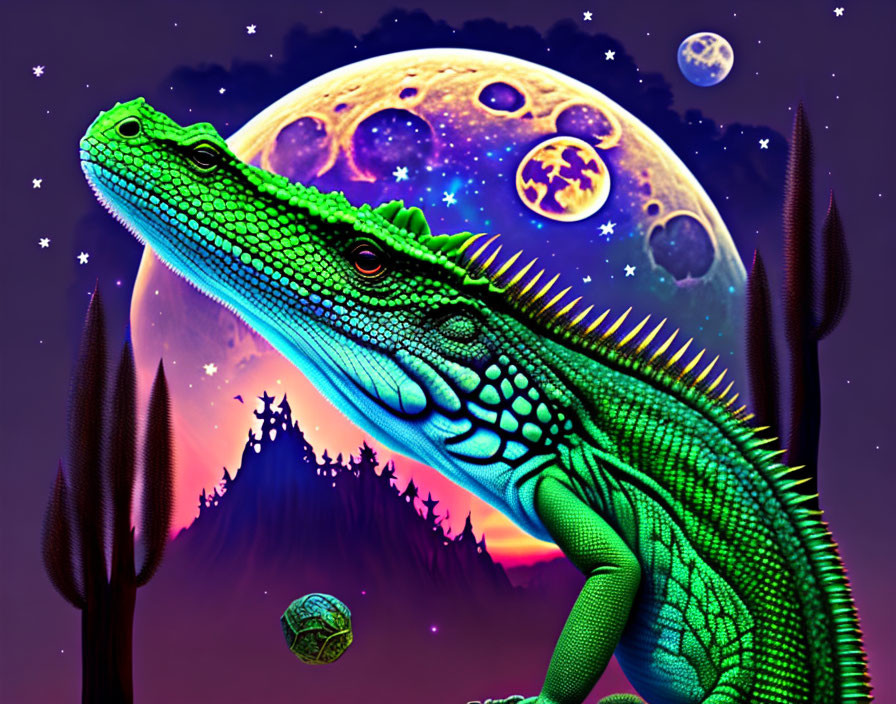 Colorful digital art: Green iguana in cosmic scene with planets, stars, and mountain silhouette