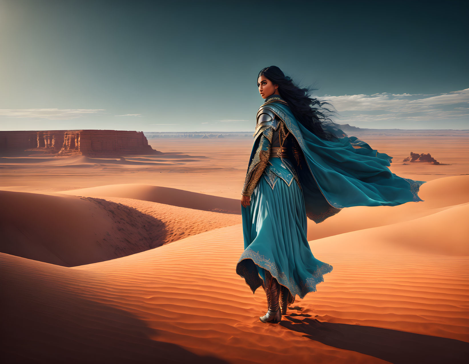 Elaborate blue attire woman on desert dune with billowing cape