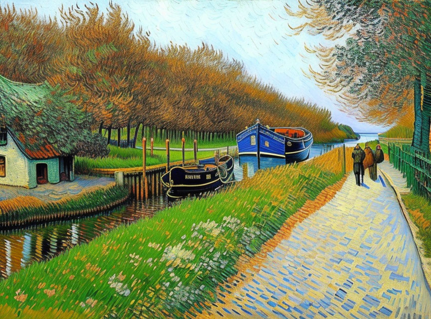 Rural Van Gogh-style painting with canal, boat, path, house, and figures