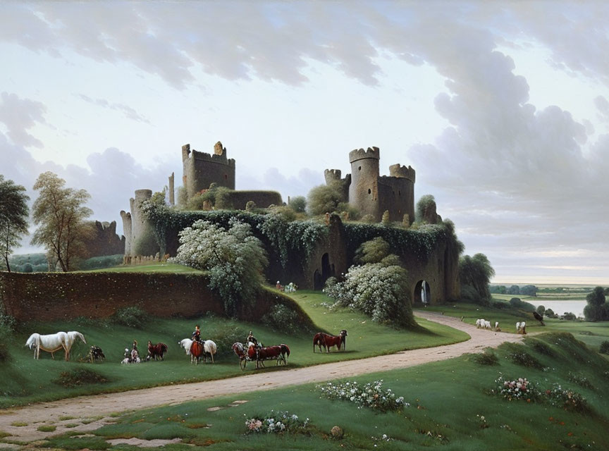 Ivy-clad castle in pastoral landscape with grazing horses