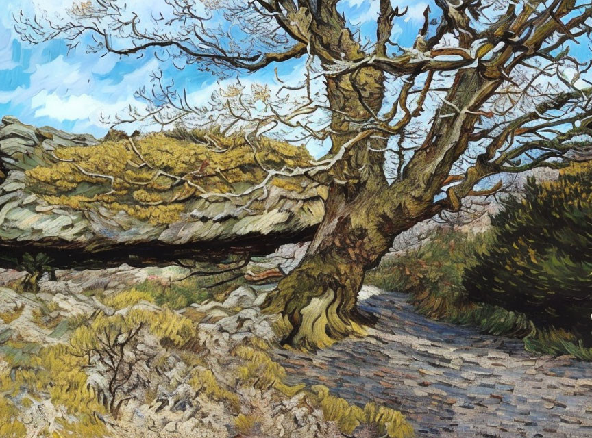 Gnarled tree beside cobblestone path under blue sky