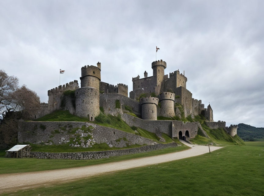 Medieval castle with towers and flagpoles on grassy hill under cloudy sky