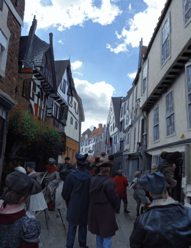 Historical group walking on European cobblestone street.