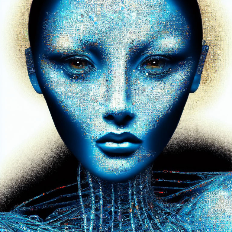 Digital artwork: humanoid face with blue circuitry patterns