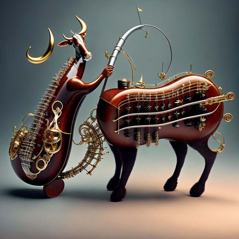 Anthropomorphic cello fishing with bow, goat playing harp-like instrument