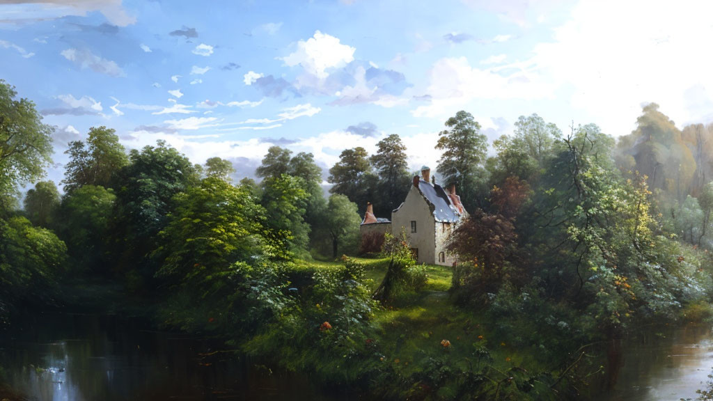 Tranquil landscape with house, trees, river, and sky