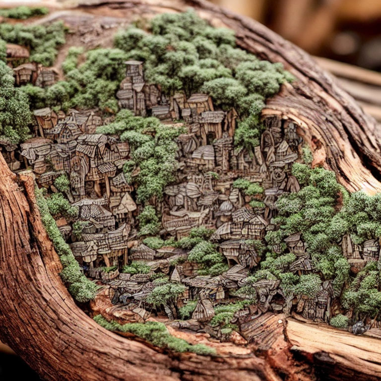 Miniature Fantasy Village Inside Hollow Tree Trunk