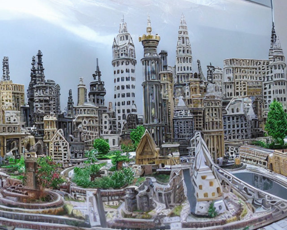 Detailed miniature cityscape with classical and modern buildings, green spaces, and a curved river.