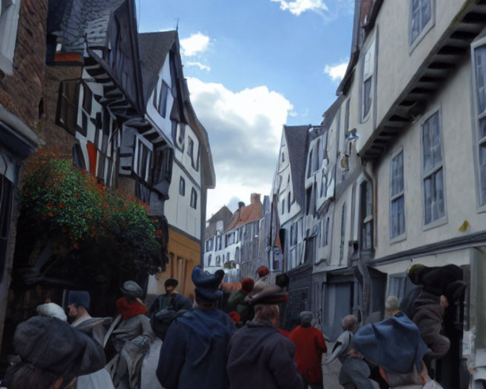 Historical group walking on European cobblestone street.