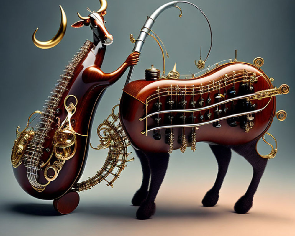 Anthropomorphic cello fishing with bow, goat playing harp-like instrument