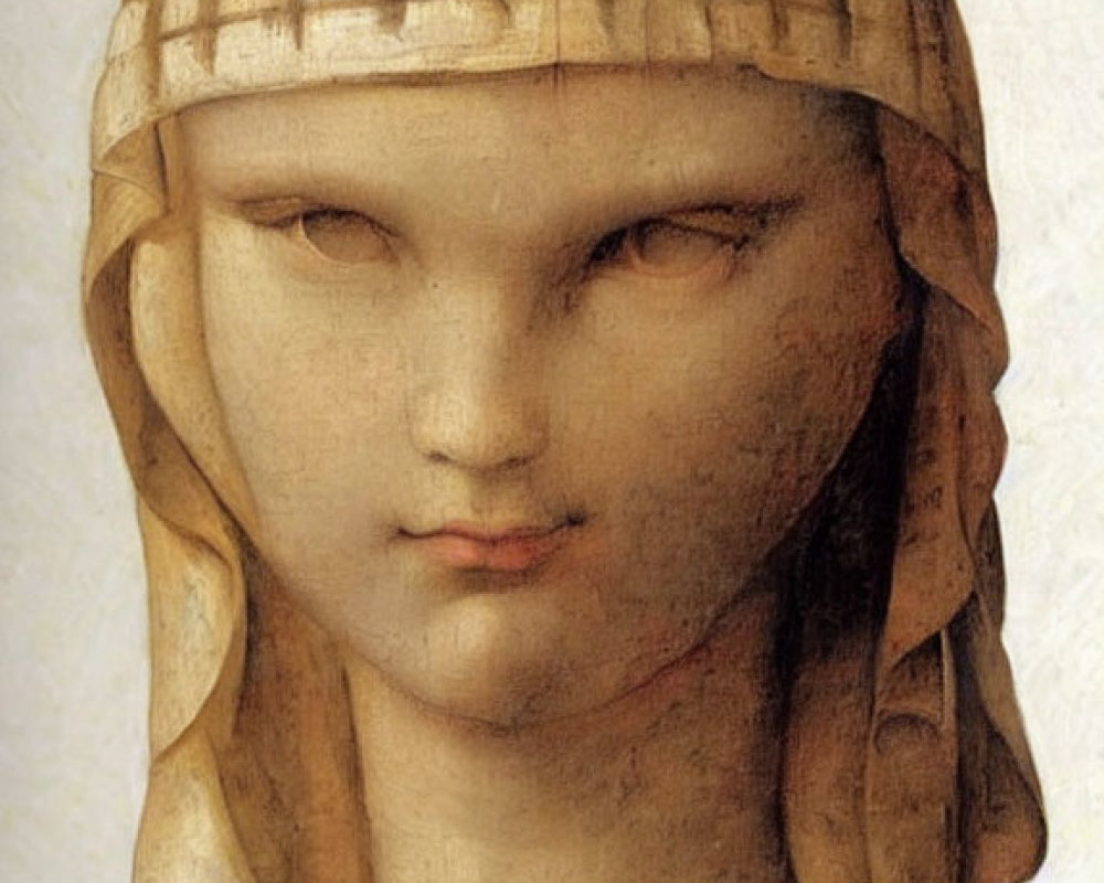 Classical artwork close-up: serene woman in helmet and veil