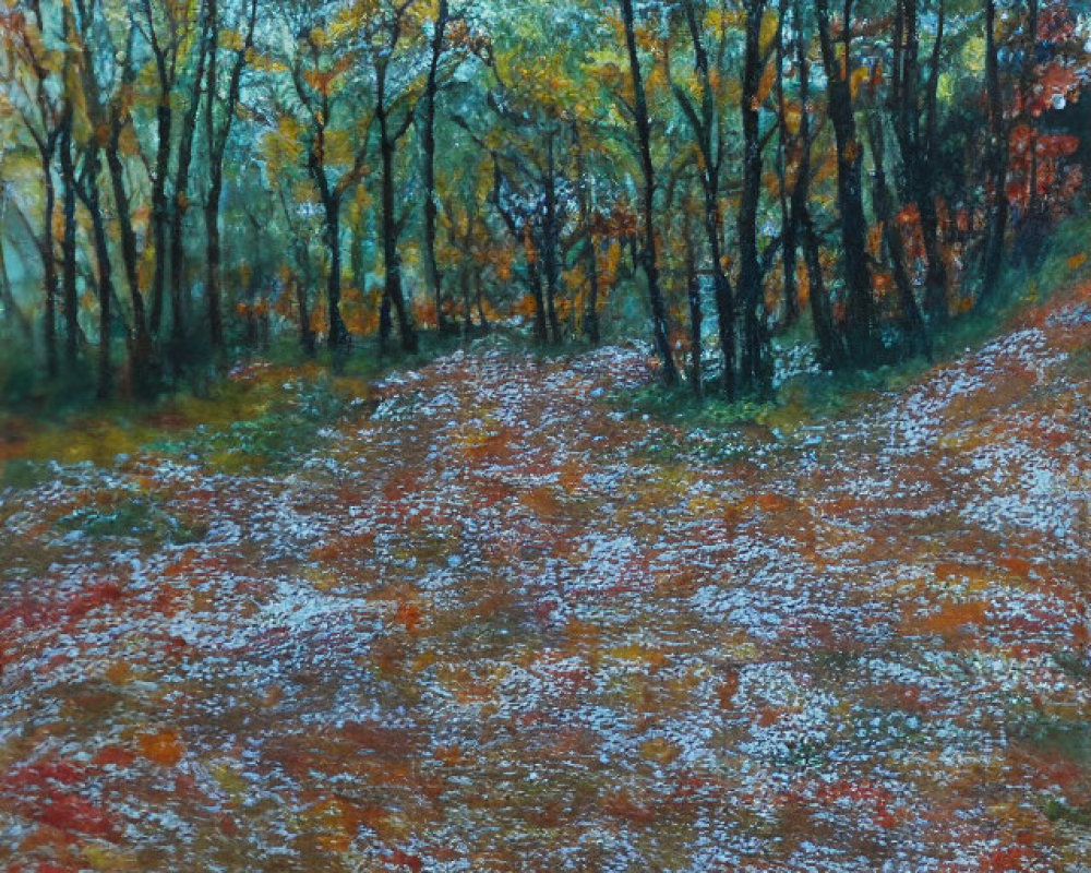 Colorful Autumn Forest Painting with Fallen Leaves and Yellow/Orange Trees