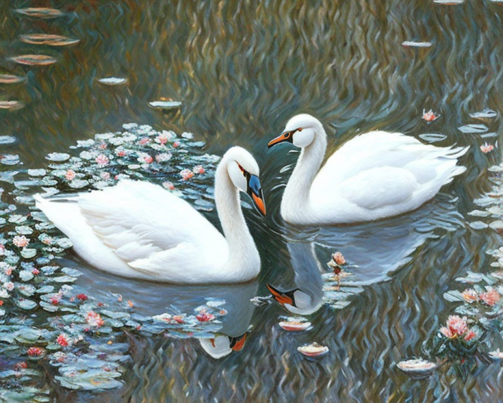 Swans forming heart shape on tranquil pond with pink and white flowers