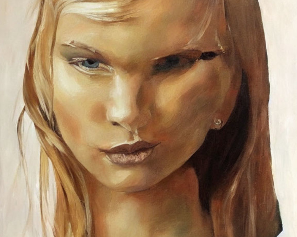 Blonde-haired woman portrait with intense gaze in warm tones