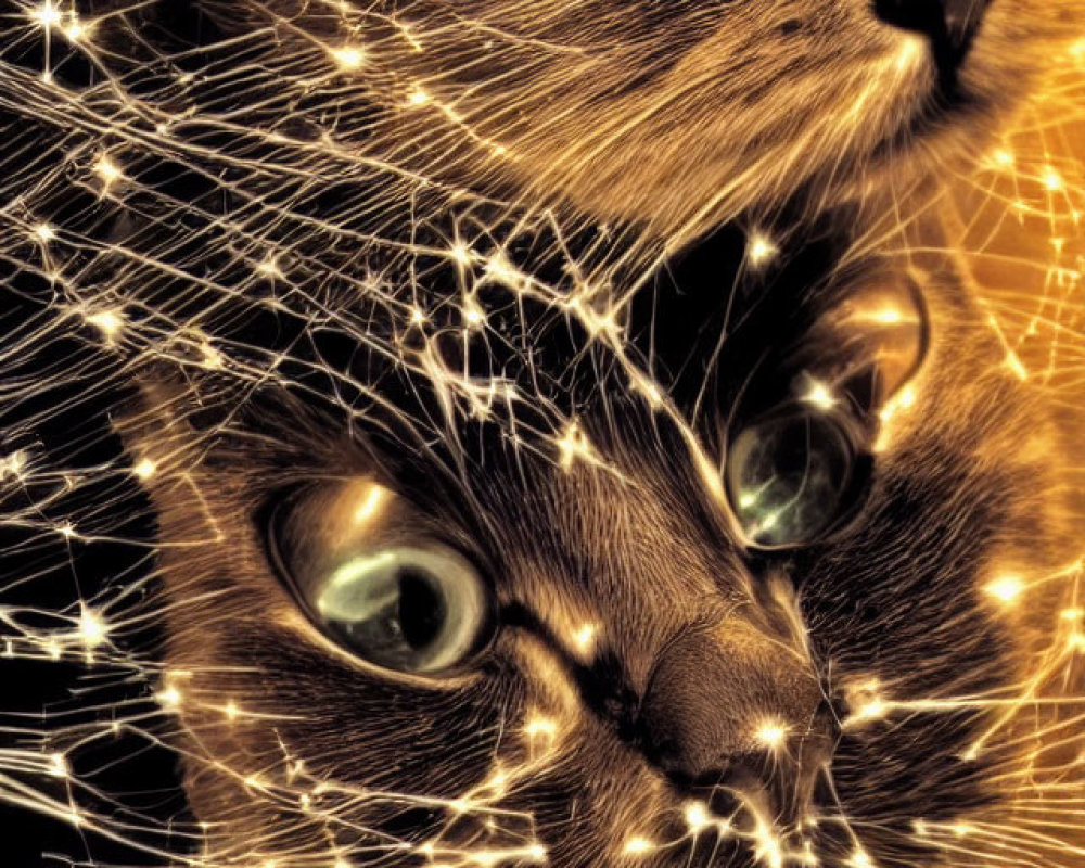 Interconnected Light Trails Surrounding Two Cats