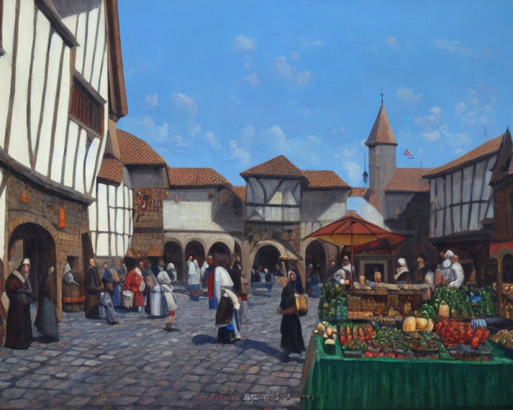 Detailed painting of bustling medieval market with townsfolk, produce stalls, timber-framed buildings