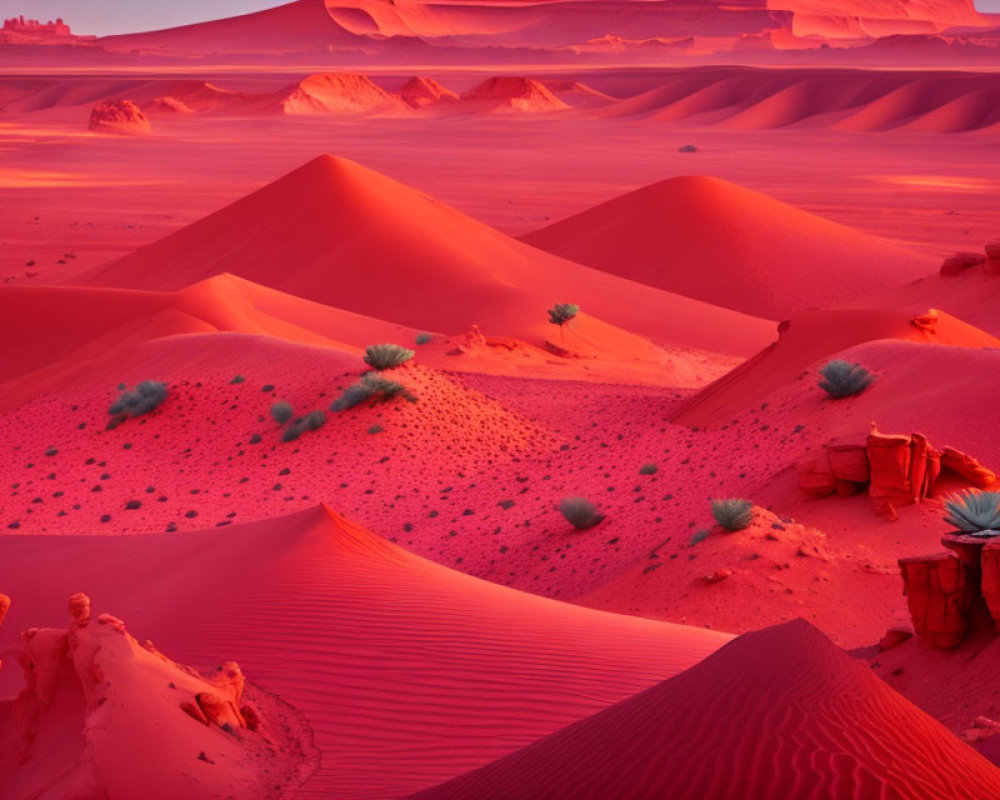 Vivid Red Sand Dunes with Rippled Textures and Sparse Green Vegetation at Dusk or