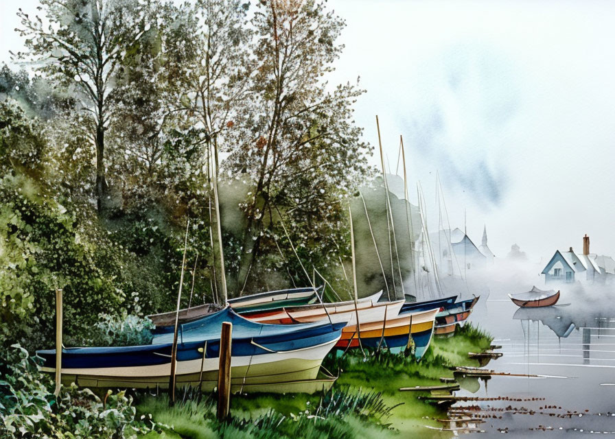 Boats at misty lakeshore with trees and buildings.