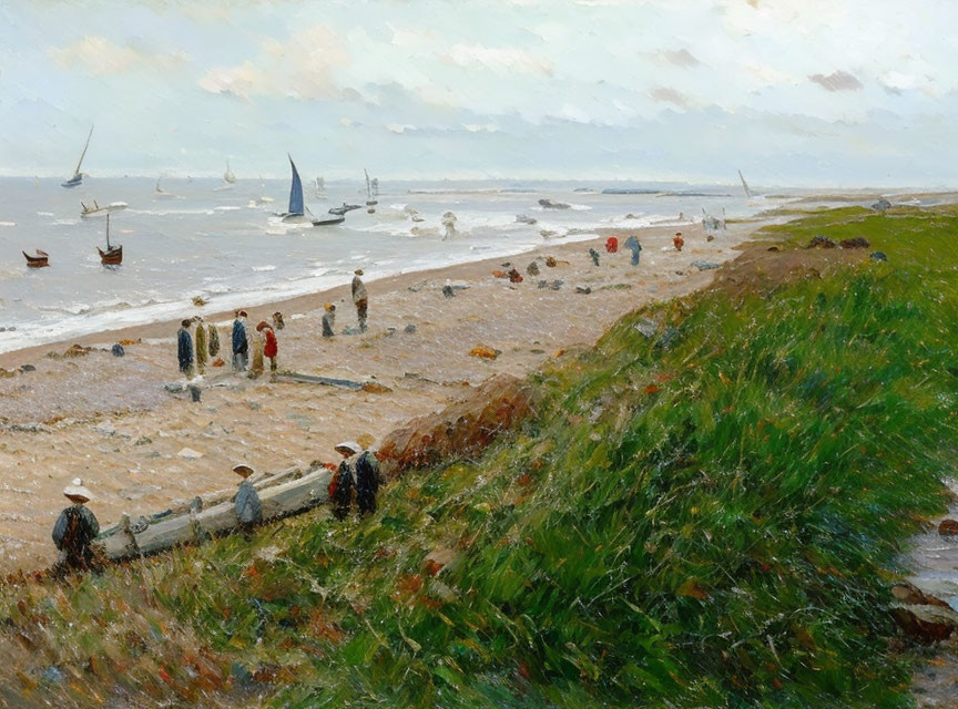 Scenic beach painting with people, boats, dunes, and cloudy sky