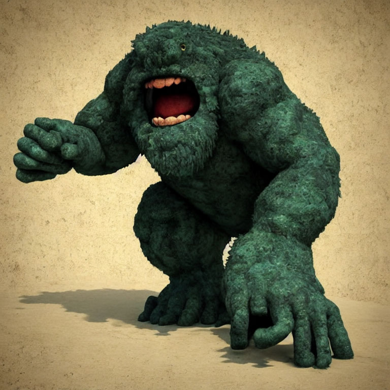 Green furry monster with hunched posture and single eye illustration