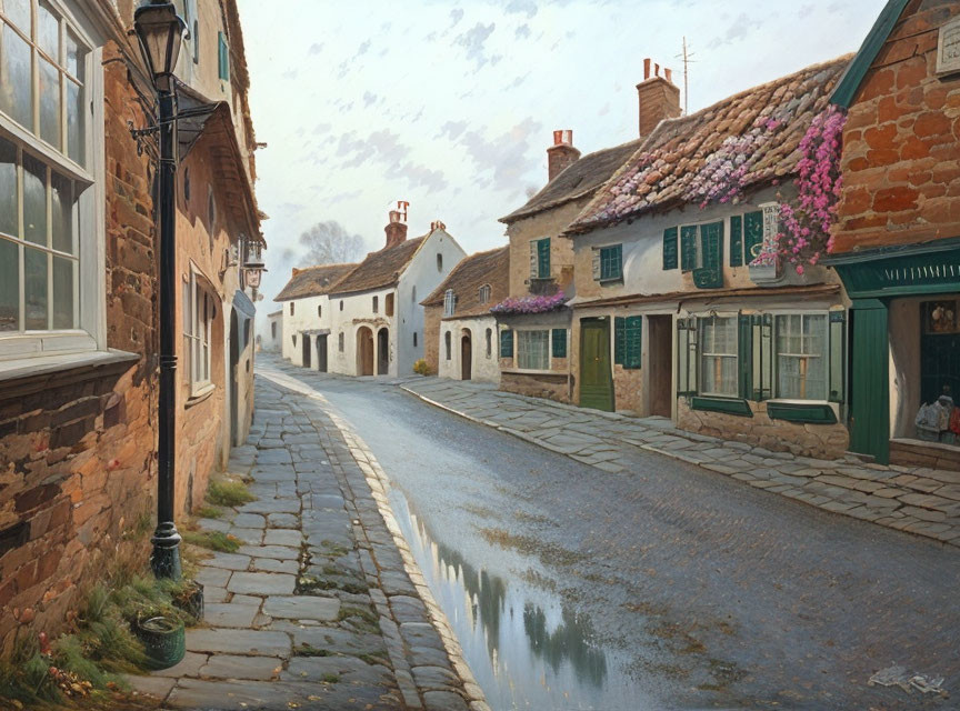 Traditional buildings on cobblestone street reflecting in puddle