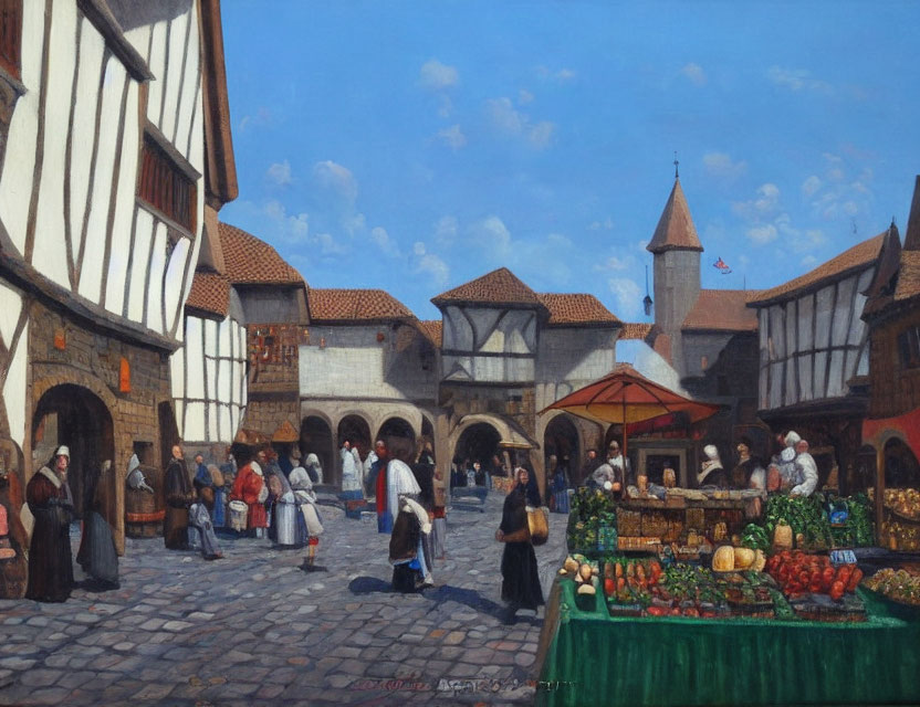 Detailed painting of bustling medieval market with townsfolk, produce stalls, timber-framed buildings