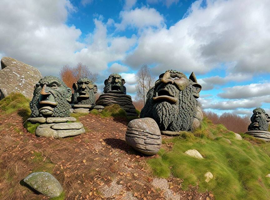 Fantastical face stone sculptures in green hills under cloudy sky