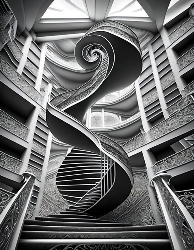 Surreal black and white staircase with intricate design