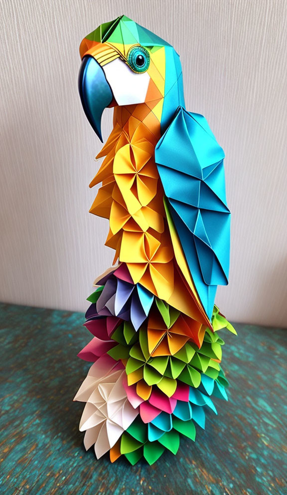 Colorful Origami Parrot with Blue to Yellow Spectrum on Wooden Surface