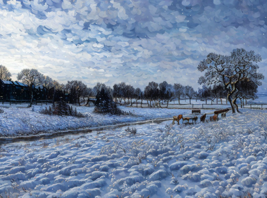 Snowy Winter Landscape with Deer Crossing Field and Farm Buildings