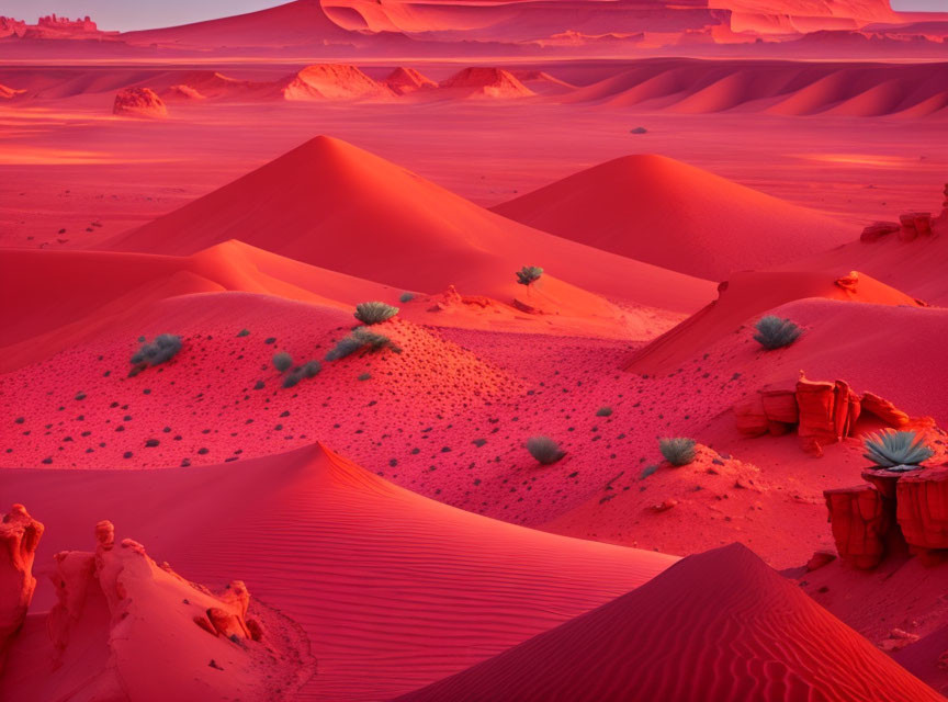 Vivid Red Sand Dunes with Rippled Textures and Sparse Green Vegetation at Dusk or