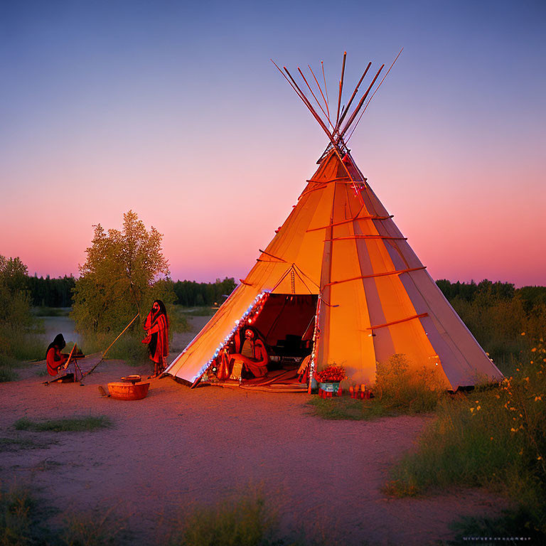 Glowing Lights Tipi Scene with River and Firelit Figures