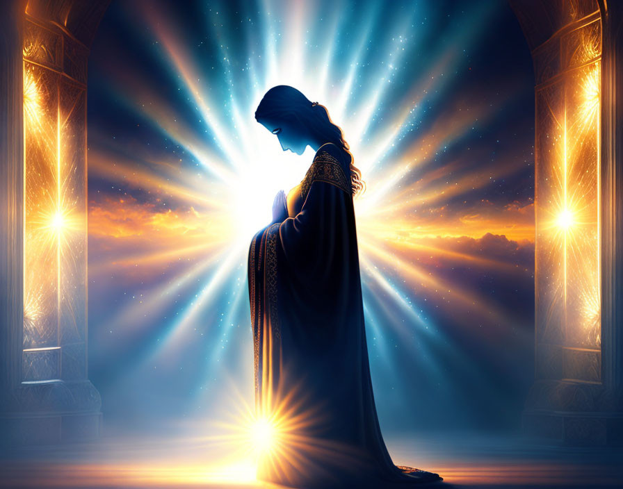 Ethereal figure in elegant robes standing in arched doorway with radiant light.