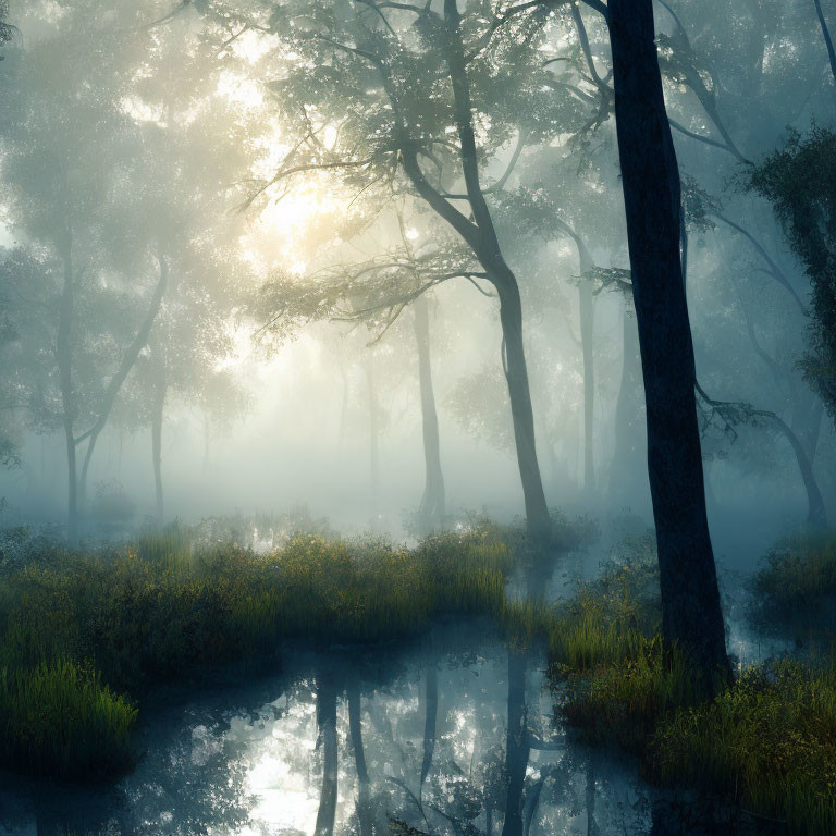 Tranquil Forest Scene with Sunlight, Mist, Trees, and Water Reflections