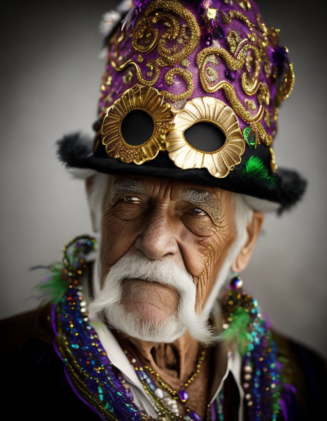 Elderly man in Mardi Gras hat with festive and wise aura