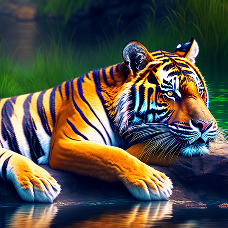 Colorful Tiger Resting by Water with Stripes and Greenery