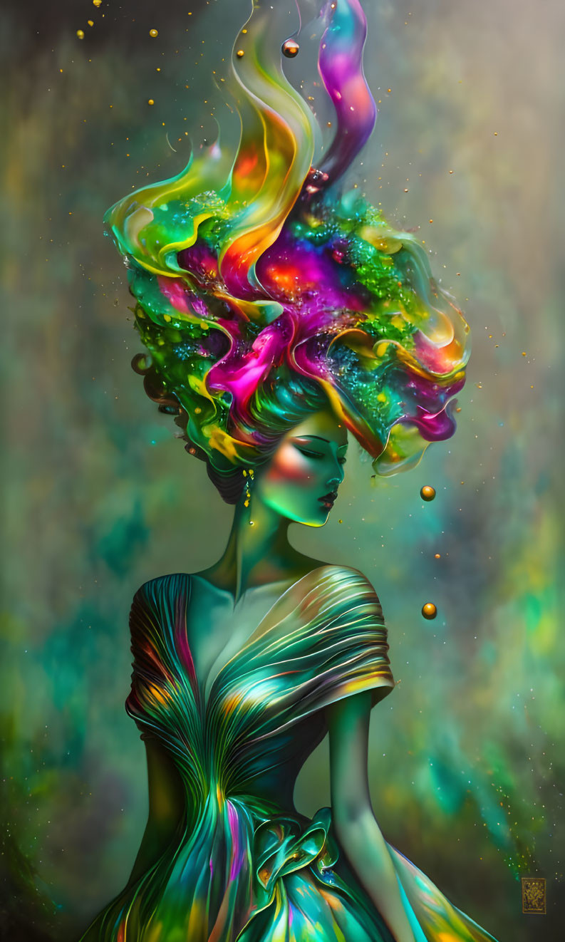 Colorful illustration: Woman with flowing, multi-hued hair in elegant dress against nebula backdrop