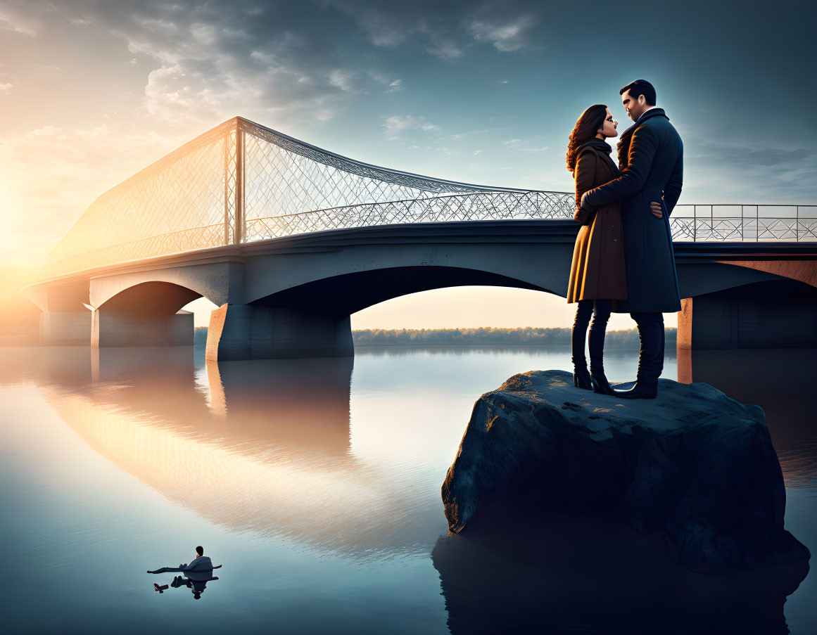 Couple standing on rock under bridge at sunrise with person rowing boat