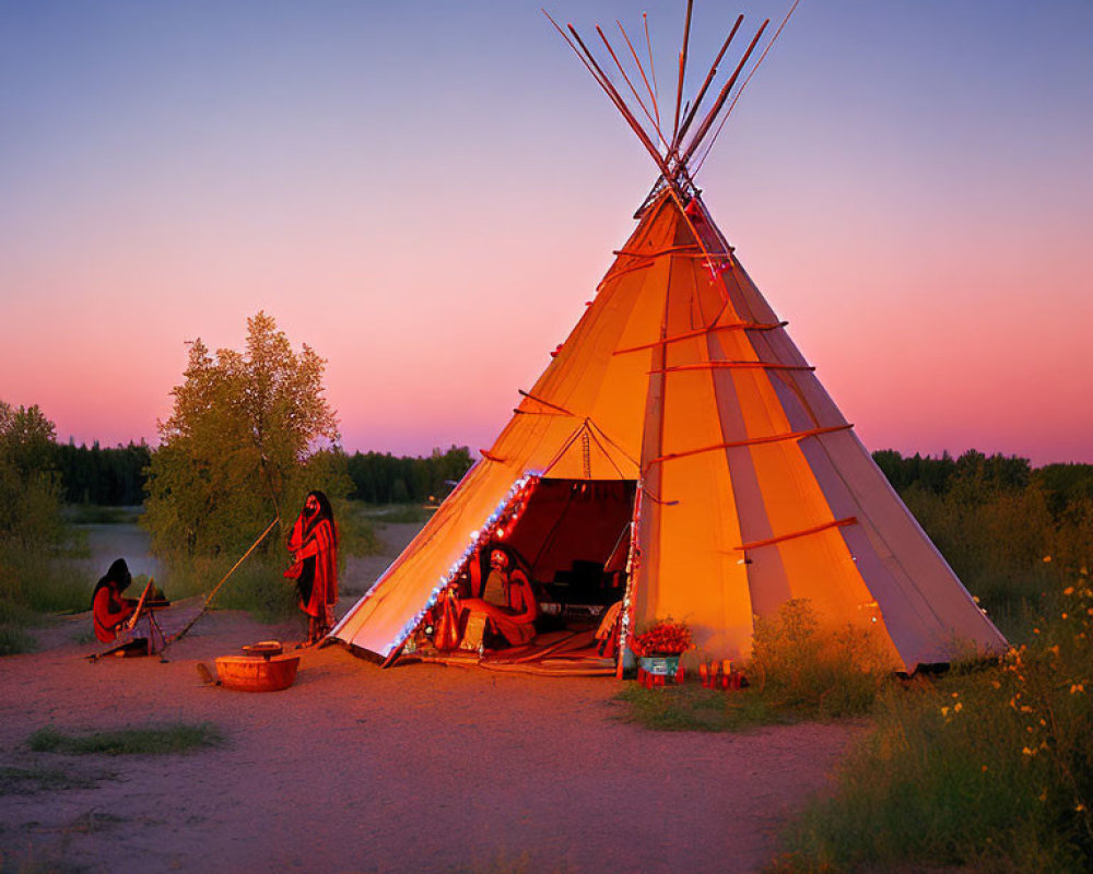 Glowing Lights Tipi Scene with River and Firelit Figures