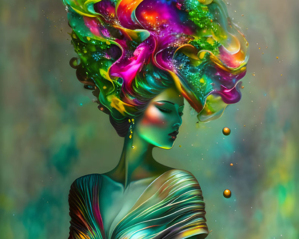 Colorful illustration: Woman with flowing, multi-hued hair in elegant dress against nebula backdrop