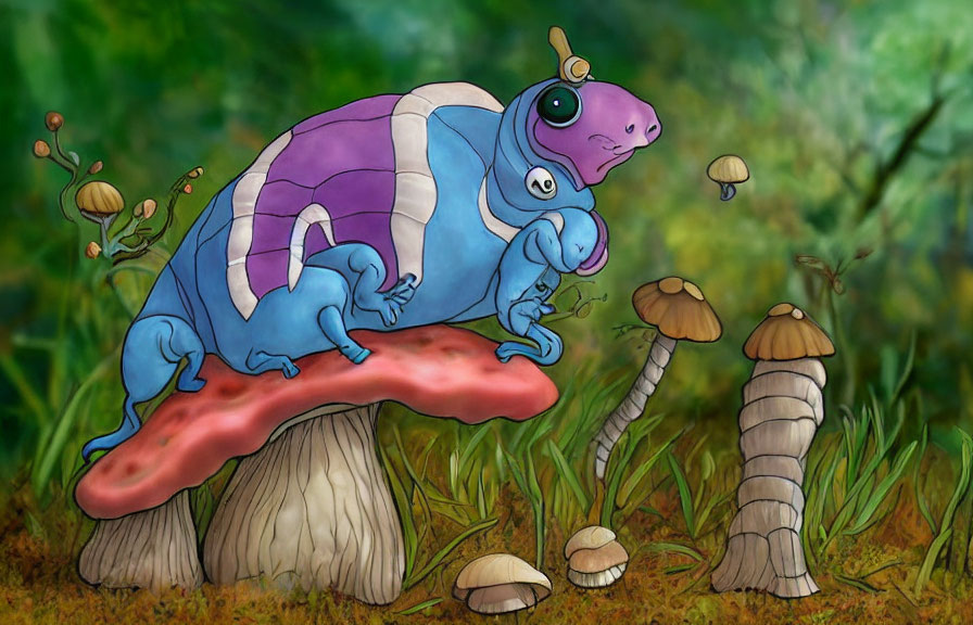 Blue and Purple Chameleon with Small Companion on Red Mushroom