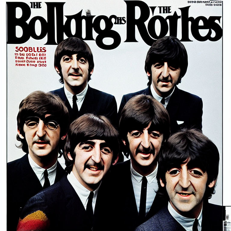 Magazine cover with four men in black suits and unique hairstyles smiling, parodying a famous band.